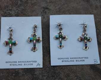 Cross Multi Stone Inlay Earrings in Sterling Silver