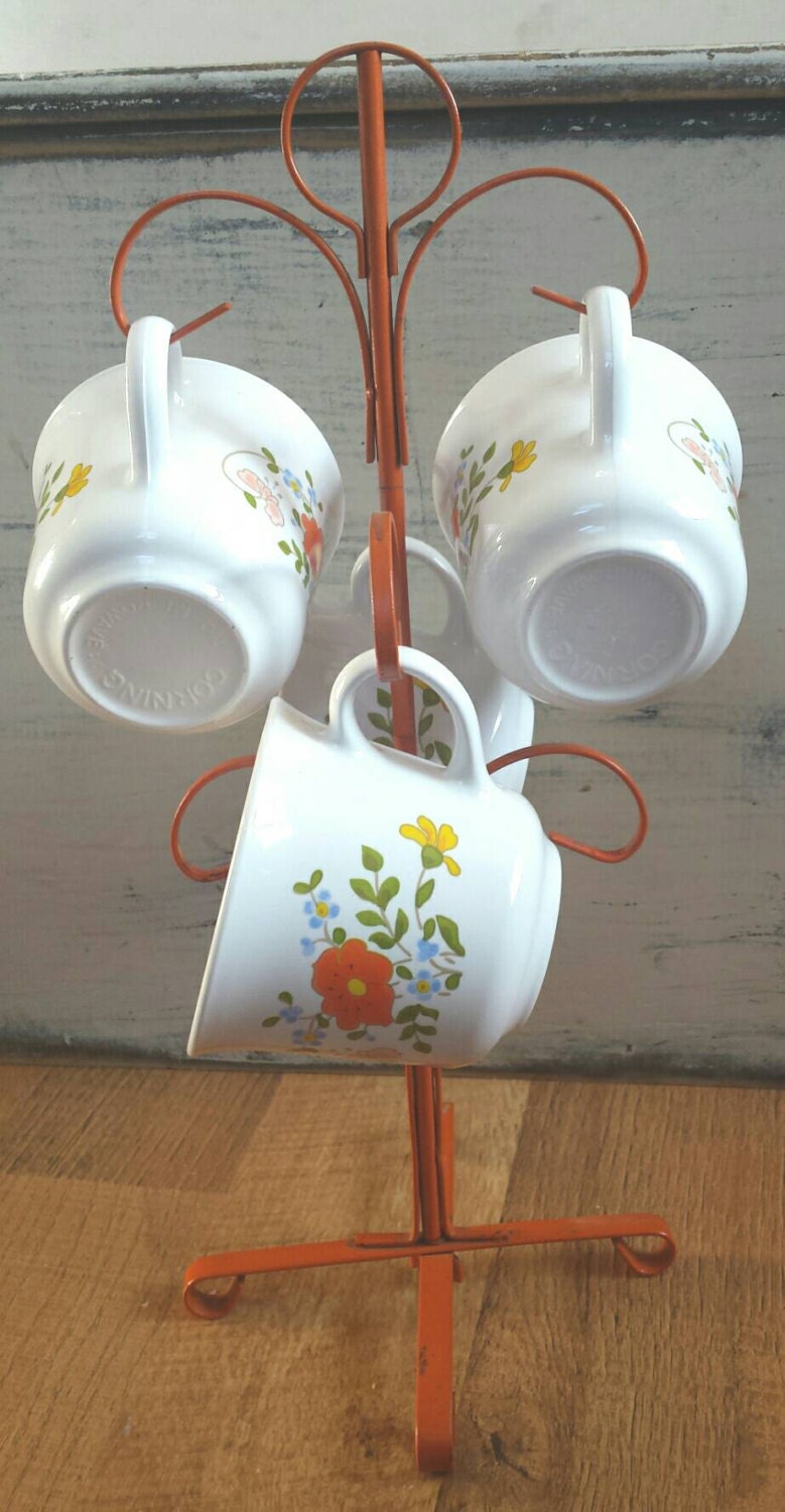 Vintage Orange Wire 6 Mug Tree. Retro Mug Tree Rack Retro