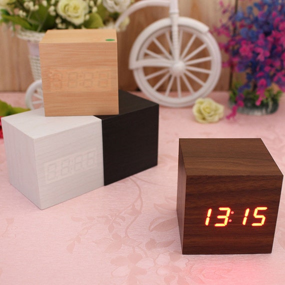Cube Square Digital LED Alarm Clock Wooden Calendar by Coffietbir