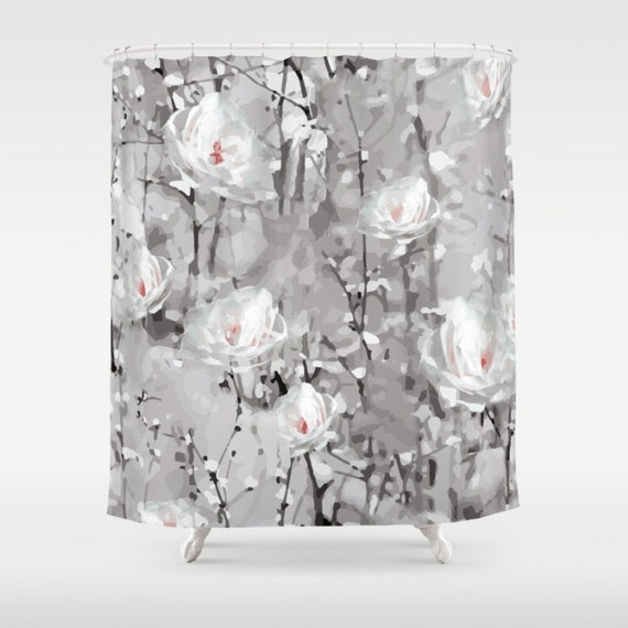 Gray Shower Curtain Floral Shower Curtain White Flower Bath