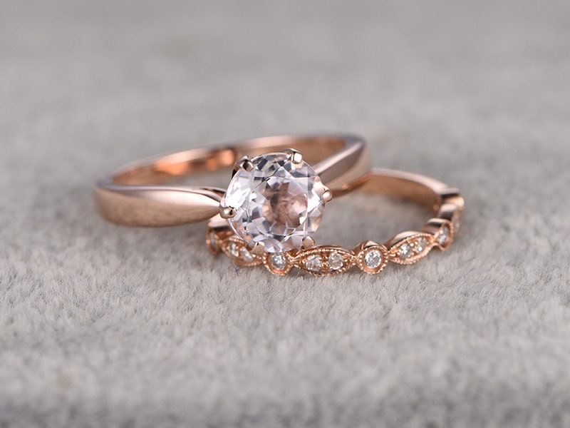 2pcs 7mm Morganite Engagement ring Rose goldSolitaire wedding