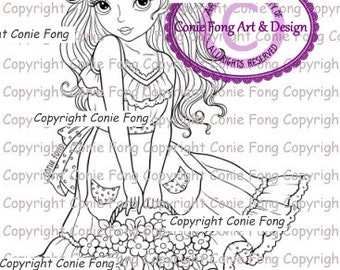 Digital Stamp, Digi Stamp, Digistamp, Sweet Annabelle by Conie Fong, Coloring Page, girl, flower, basket