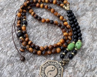 108 Mala Necklace Adjustable Mala Gemstone Meditation Mala Yoga Necklace Bronze Yin Yang Pendant Prayer Mala Beads Counting Mala Mantra Mala