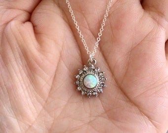 White Opal Sun Necklace. Silver Necklace. Opal Necklace.