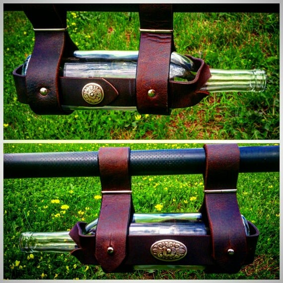 Bicycle wine bottle holder handmade leather by RATSCALLIONS