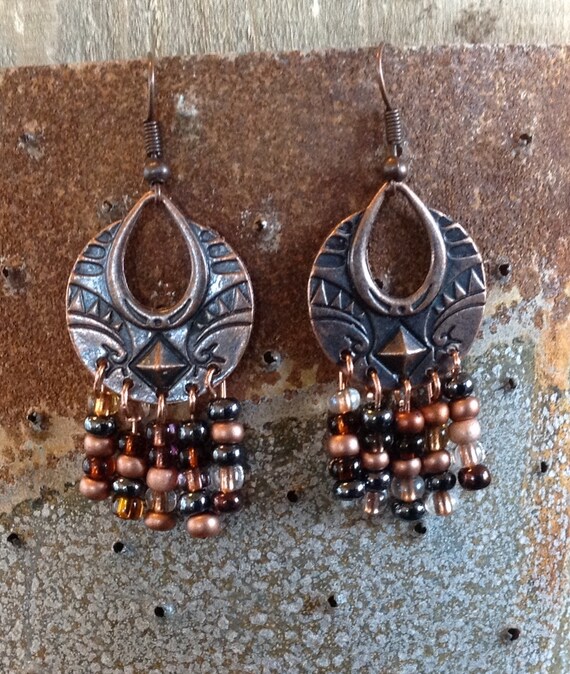 Copper chandelier earrings with earthy tones by CrowsFeetStudio