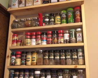 Customizable spice rack, movable shelves, ornate large storage top shelf, assorted wood types