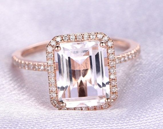 8x10mm Emerald cut White topaz Engagement ring14k Rose