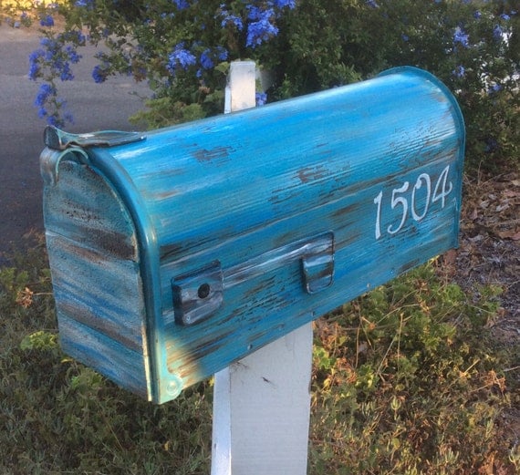 Beach mailbox distressed real & painted wood accents rural