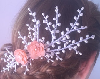 Bridal headpiece, Pik's wedding with branches of pistils and cold porcelain flowers.