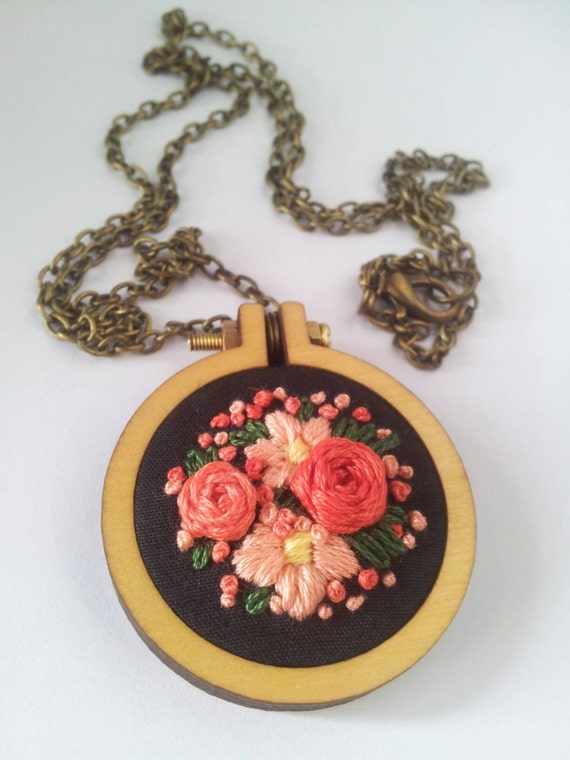 Mini Embroidery Hoop Necklace with Hand by