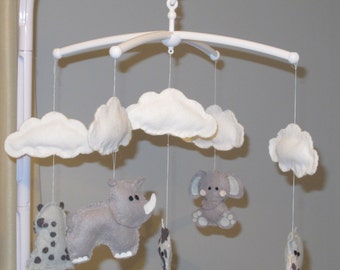 Musical mobile - grey safari and clouds (or customised to your baby's nursery theme)