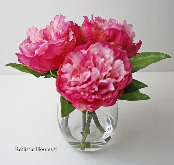 SALE pink silk peony/peonies glass vase faux by RealisticBlooms