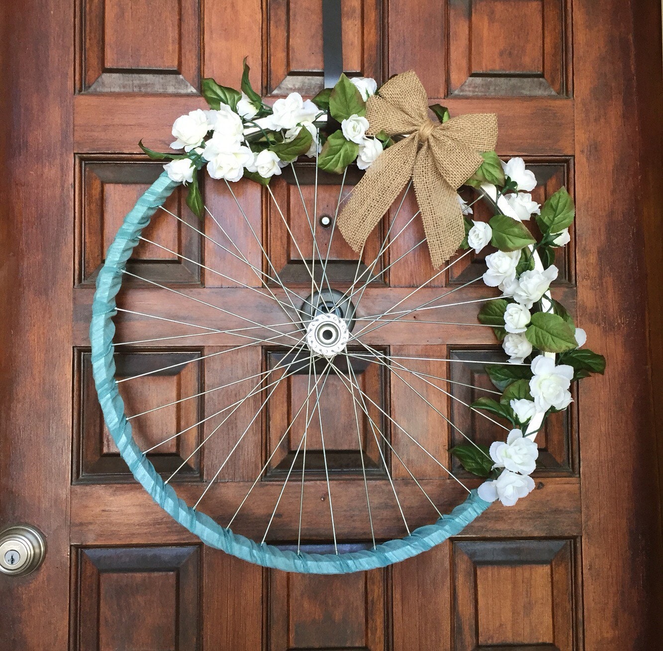 Bicycle wheel wreath rustic white roses by TexasRusticWoodDecor