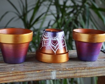 Succulent Planter, Flower Pot, Purple and Gold Ombre Bohemian Pots, cactus planters, hippie pots, lotus design, Jewel toned, Henna
