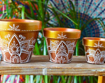 Succulent Planter, Flower Pot, Gold Ombre Bohemian Pots, cactus planters, hippie pots, lotus design, Jewel toned, Henna