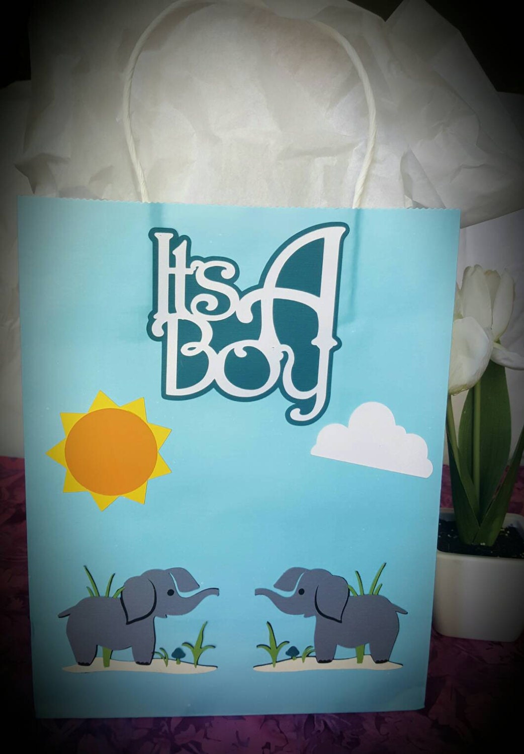 It's a boy. Elephant gift bag. Baby shower. Birthday