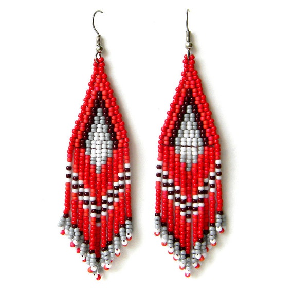 Red Beaded Earrings Red Seed Bead Earrings Ethnic Beaded 9417