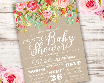 Whimsical Girl Baby Shower Invitation, girl baby shower invite, baby shower, floral baby shower, watercolor, Edit yourself with Adobe Reader