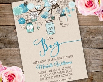 Mason Jars Baby Shower Invitation, Boy baby shower invite, baby shower, floral baby shower, watercolor baby shower invitation