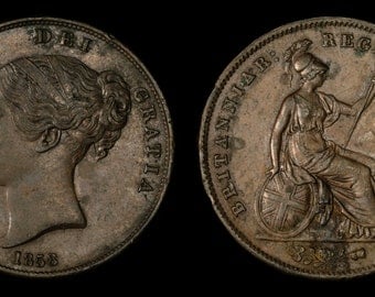 Antique Old English Coin Genuine Queen Victoria Large Copper Penny 1858, British, Victorian