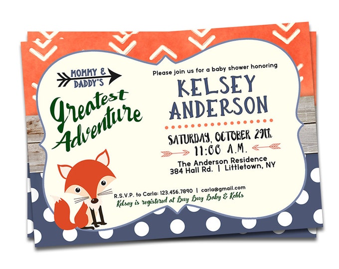 Adventure Printable Baby Shower Invitations, Woodland Adventure Baby Shower Invitation, Adventure, Printable Baby Shower Invites, Fox