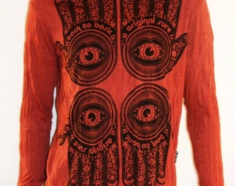 SURE, T-Shirt, Hand of Fatima, Hamsa, Ethnic, Red, Cotton, Long Sleeve, Men's T-Shirt, Size M, Maglia, Manica Lunga, Rosso Mattone, Taglia M