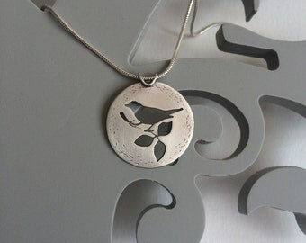 Leafy Branch Birdie Pendant Necklace: Handmade, sterling silver