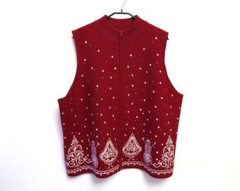 Red Knitted Merino Wool Christmas Vest Women's Red Vest Womens Waistcoat Sequined Christmas Tree Snowman Embroidered Vest Size 3X Ugly Vest