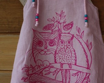 Pink owl dress, 5 year old birthday outfit linen tunic , A-line dress, owl print girl dress, infant party dress, casual dress for girl
