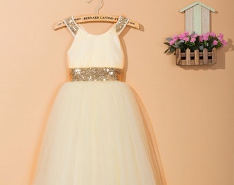 Ivory flower girl dress /baby girl dress /gold sequins dress /toddler girl dress /tulle flower girl dress for wedding 0009