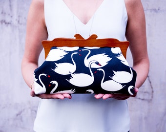 Wooden Frame Clutch Purse, Swans Evening Clutch Bag, Oversized Clutch, Large Handbag, Cosmetic Bag, Canvas Purse, Unique gifts for her