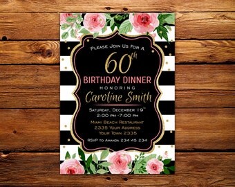 60th Birthday Dinner Invitation. 60th Birthday Invitation. PINK and GOLD Floral 60th Birthday Dinner Invitation. Gold Glitter. Any age.