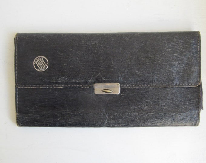 Antique leather travel folder, glove storage, accessory storage, leather travel wallet, vintage leather clutch, Monogrammed HIM / HMI / IMH