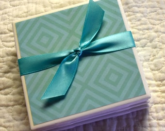 Tile Coaster Set - Blue-Green Geometric