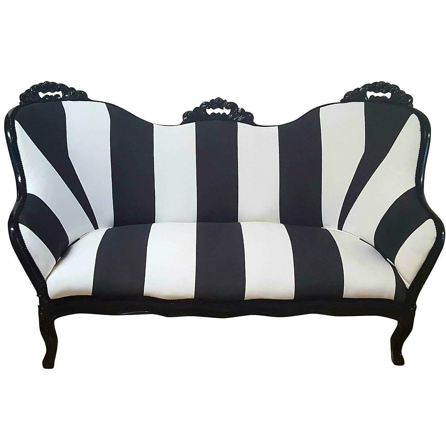 Modern Vintage Striped Loveseat. Black and White Antique