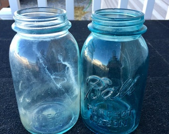 2 Vintage Large Blue Ball Perfect Mason Jars
