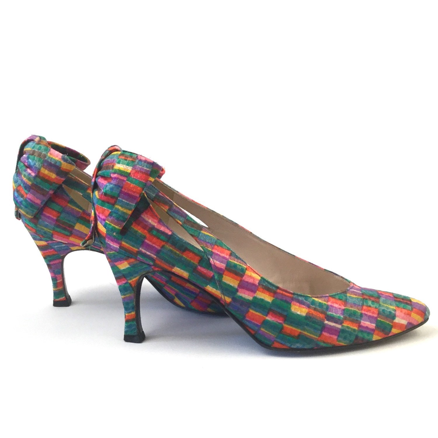 Colorful High Heel Shoes w Bows Silk Pumps Rainbow