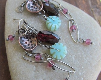 Dangling Earrings Silver Charm Stud Earrings BOHO Stud Earrings Pink Gemstone Cluster Long Earrings Funky Silver Jewelry Mixed Metal Jewelry