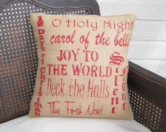 Christmas Carols - Burlap Christmas Pillow