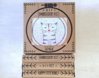 NIGEL NINE-LIVES embroidery kit - embroidery hoop art, beginner kit, hand embroidery, gifts for cat lovers, crazy cat lady, kitty cat design