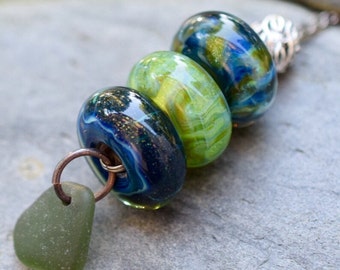 Lampwork Glass Beaded Lariat Necklace Interchangable Boro Borosilicate Handmade - Endless Forest