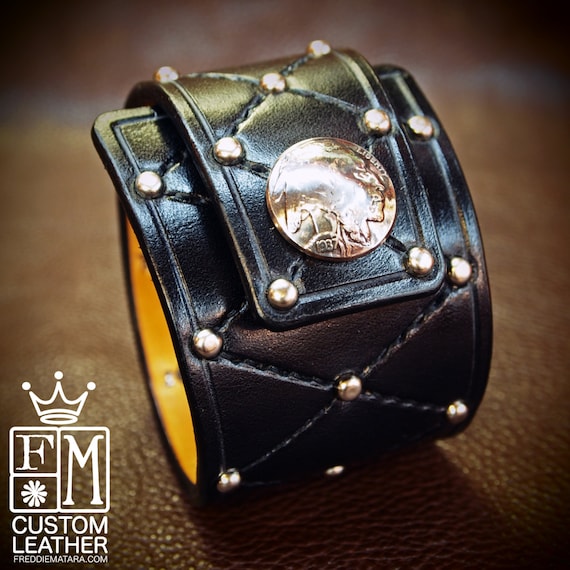 Black Leather cuff bracelet harlequin Diamonds and studs Buffalo nickel made for You In Brooklyn NYC by Freddie Matara