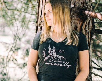 John Muir Forest Tee - Inspirational, Wildness is a Necessity - Grey V-Neck, Illustrated Adventure Clothing, Screen printed, Woods, Trees