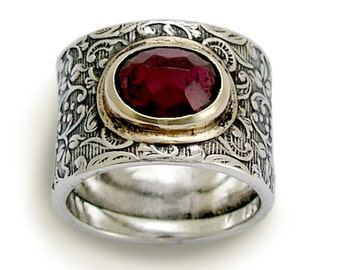 Wide Silver Ring, Garnet ring, sterling silver ring, filigree ring, stone band, silver gold ring, twotone, botanical ring - Craving R1624