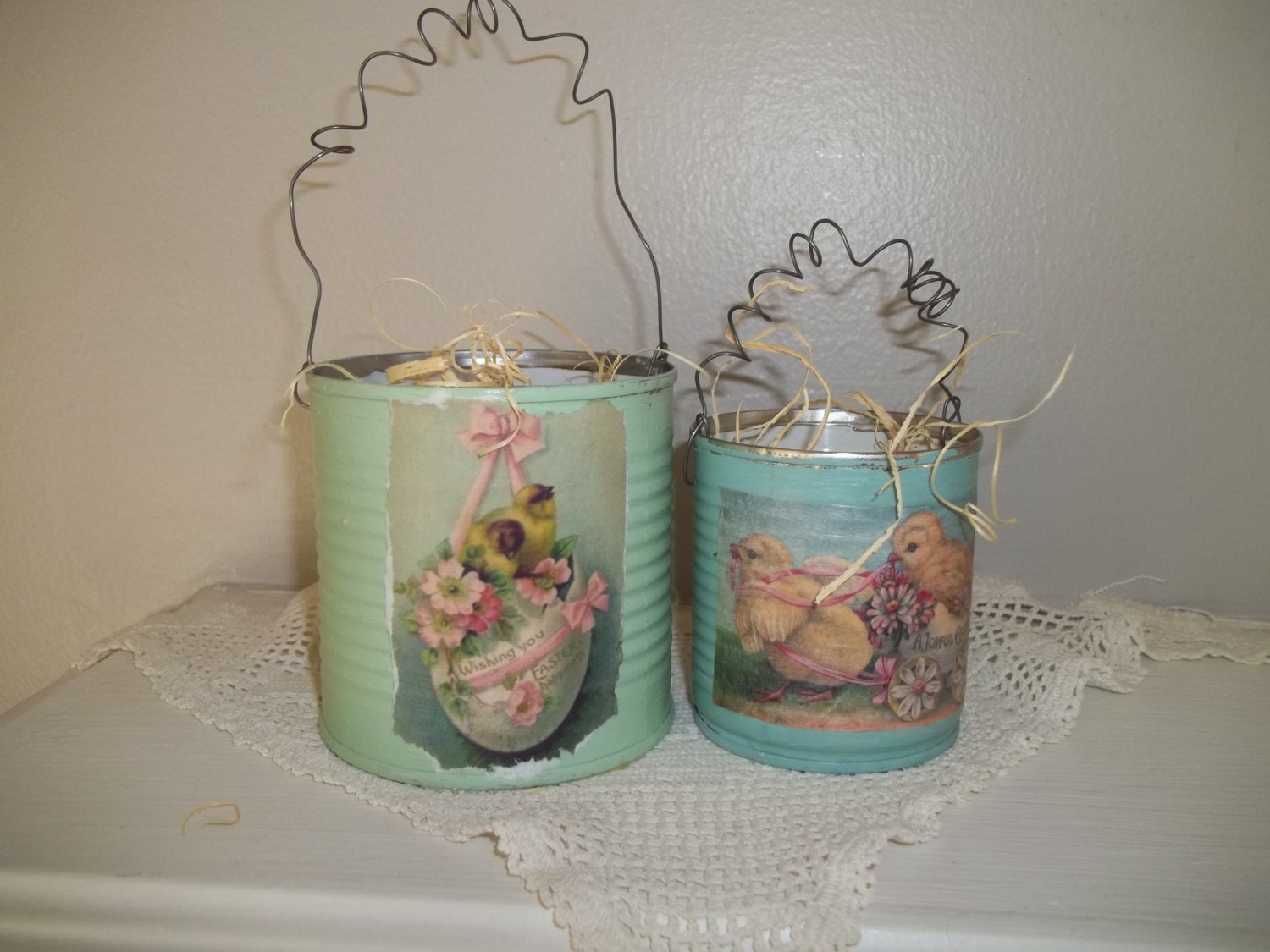 Vintage Easter Tin Can Easter Basket Set of 2 Chalk Paint