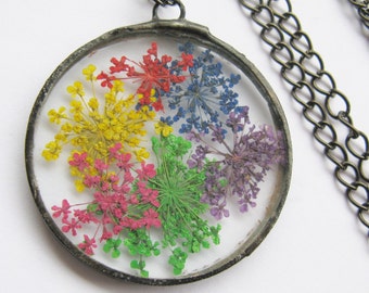 rainbow flower necklace - real flower necklace - queen anne's lace necklace - pressed flower - flower pendant - statement necklace