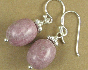 Rhodonite earrings. Dusty pink / mauve. Oval. Sterling silver 925.