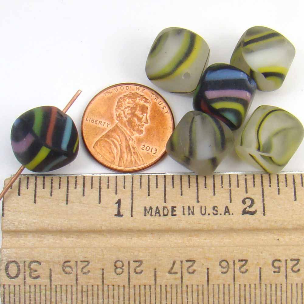 6 pcs striped glass cube beads, assorted color vintage ...