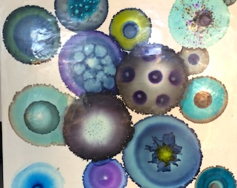 Original Artwork- Ink and encaustic medium- Blue Wax Geode